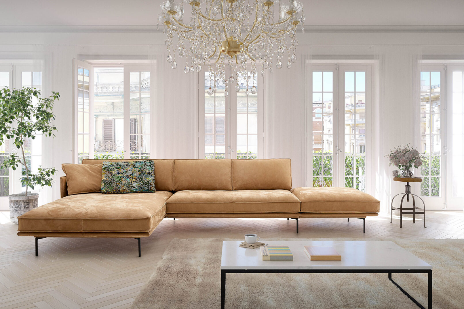Ghế sofa CULVER, da Nabuck bò châu Âu thuộc khoáng — mềm mại, có vân tự nhiên và hiệu ứng bề mặt đặc trưng. Nhà sản xuất: Tommy M, CHLB Đức | Phân phối độc quyền bởi Eleganz Furniture Vietnam.