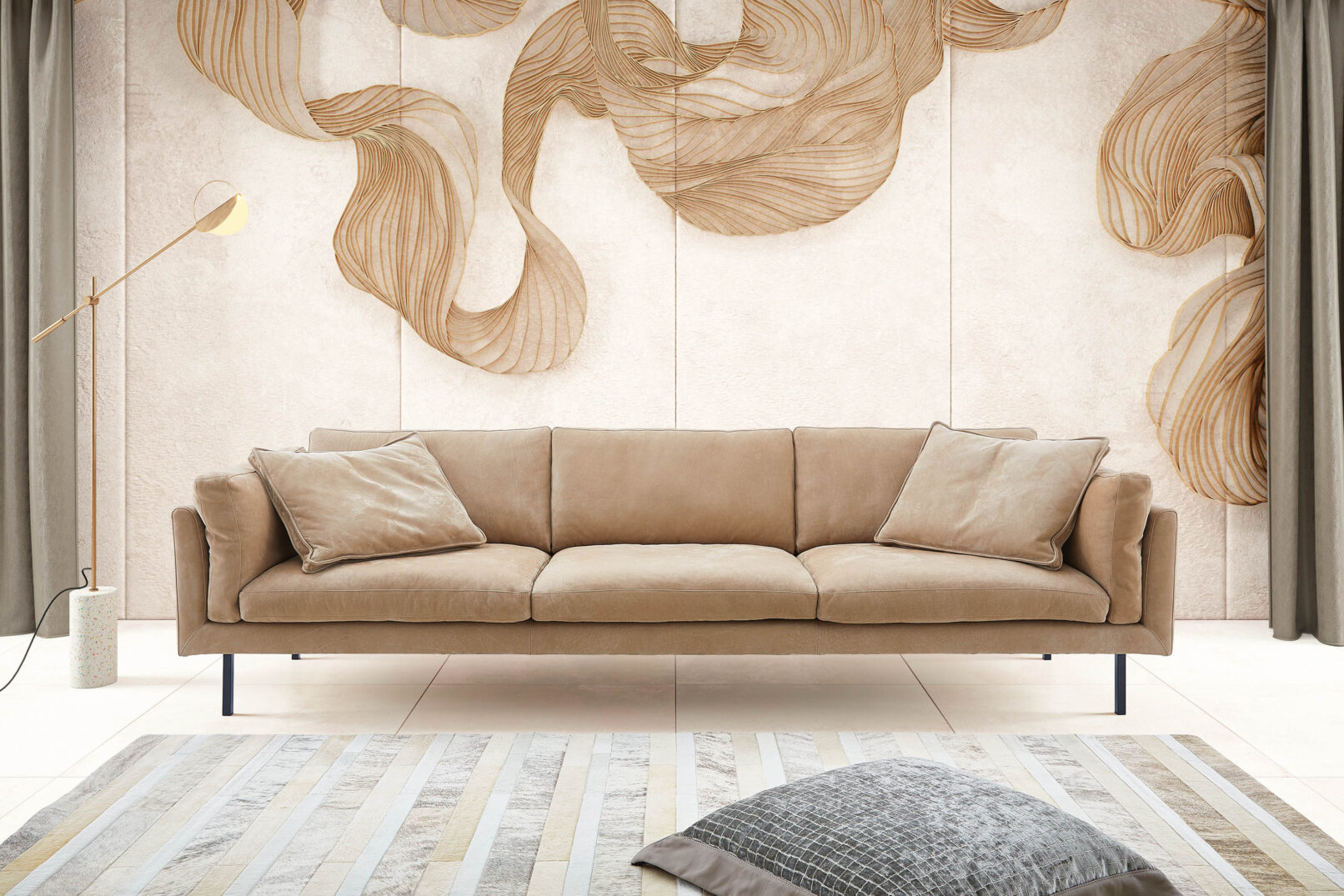 Ghế sofa FERRARA, da bò Nabuck châu Âu thuộc khoáng — mềm mại, có vân tự nhiên với hệ thống đệm ngồi, đệm lưng và đệm tay vịn rời. Nhà sản xuất: Tommy M, CHLB Đức | Phân phối độc quyền bởi Eleganz Furniture Vietnam.